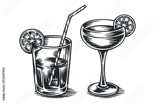 Two stylized beverages with citrus garnish. Vector hand drawn illustration