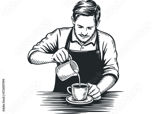 Barista pouring milk into coffee cup with apron. Vector hand drawn illustration