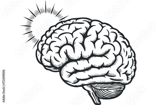 Human brain depicted with radiating lines symbolizing an idea or insight. Vector hand drawn illustration