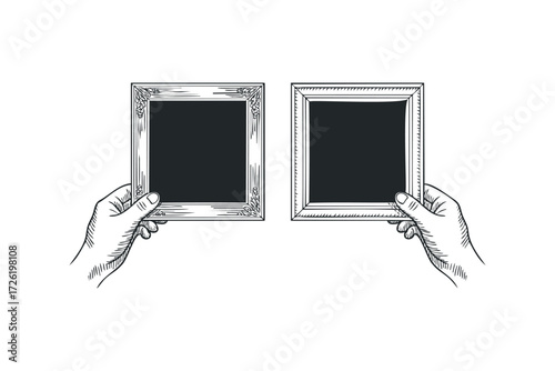 Hands holding empty vintage picture frames. Vector hand drawn illustration