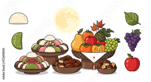 Colorful illustration of traditional Korean food, fruits, and a full moon celebrating the harvest festival.