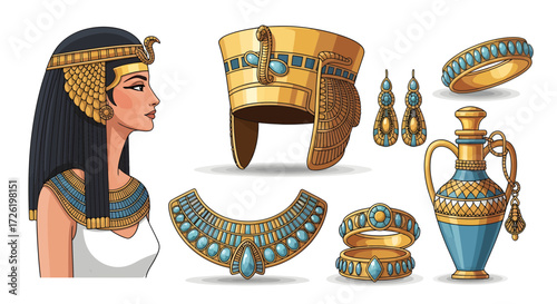 Ancient Egyptian royal collection vector set queen's profile, golden crown, opulent turquoise jewelry, perfume bottle