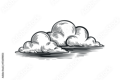 Engraved Cumulus Cloud Formations on White Background. Vector hand drawn illustration