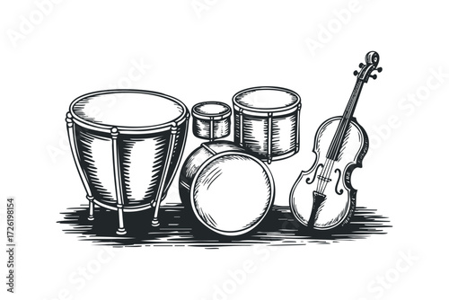 Orchestral percussion and string instrument ensemble. Vector hand drawn illustration