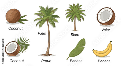 Illustration showing various tropical plants and fruits including coconuts, palm trees, and bananas, each labeled with its name.
