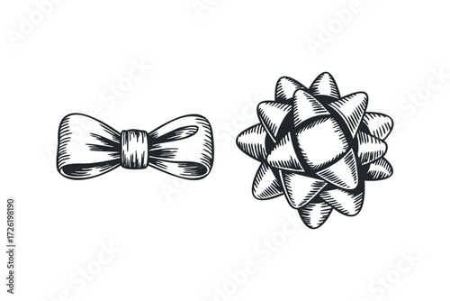 Two Hand Drawn Bows Decorative Ornaments. Vector hand drawn illustration