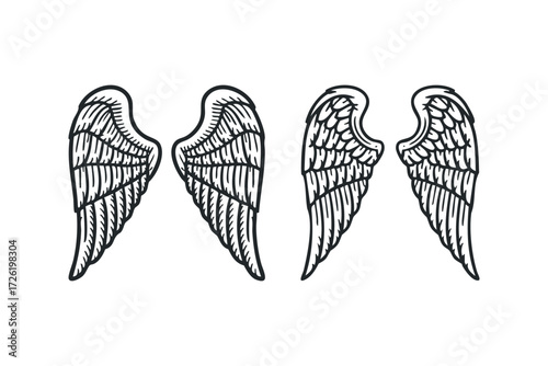 Pair of Stylized Angel Wing Silhouettes. Vector hand drawn illustration