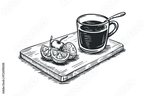 Glass of Dark Liquid with Cherries and Orange Slices on Wooden Board. Vector hand drawn illustration