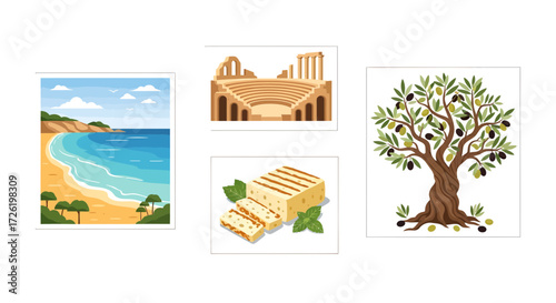 Vibrant vector set illustrating Mediterranean essentials tranquil beaches, majestic ancient ruins, fresh dairy cheese, and a flourishing olive tree