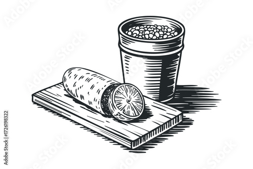 Half citrus fruit on board next to cup filled with small round items. Vector hand drawn illustration