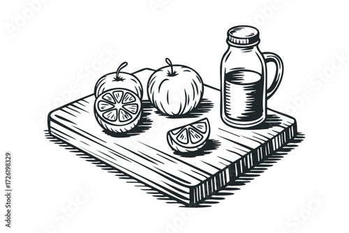 Hand drawn image of citrus fruit and liquid in bottle on board. Vector hand drawn illustration