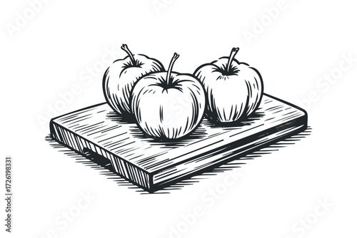 Sketch of Three Apples on Wooden Cutting Board. Vector hand drawn illustration