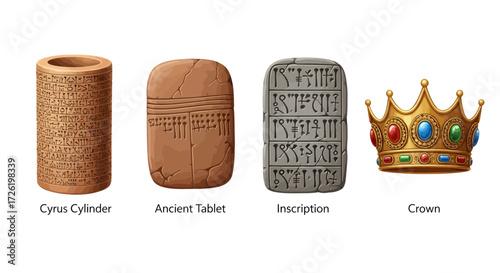 Ancient Historical Artifacts Cyrus Cylinder, Cuneiform Tablet, Ancient Inscription, and Royal Crown Icons