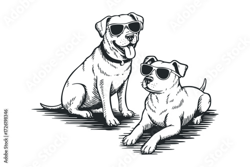 Two dogs wearing sunglasses resting together. Vector hand drawn illustration