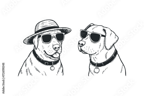 Two dogs wearing sunglasses and one dog wearing a hat. Vector hand drawn illustration