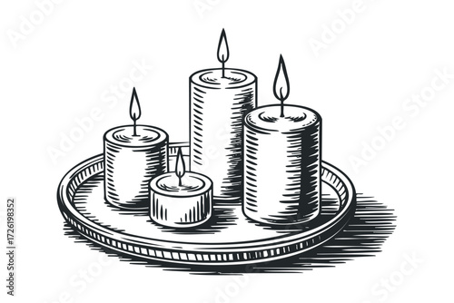 Four lit candles on a decorative tray. Vector hand drawn illustration