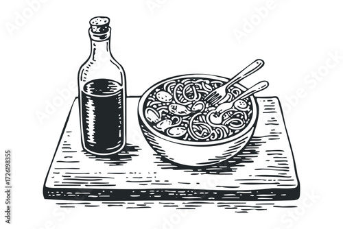 Hand-drawn pasta dish with bottle on wooden board. Vector hand drawn illustration