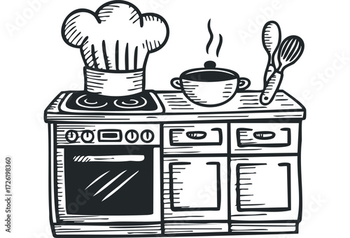 Chef hat on stove with cooking pot and utensils. Vector hand drawn illustration