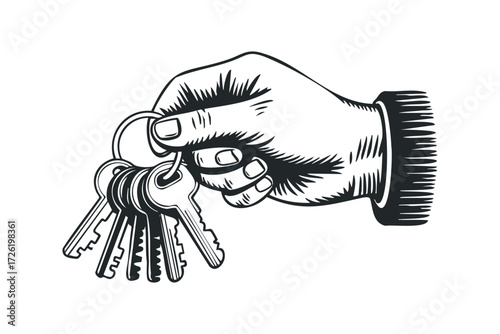 Hand holding multiple metal keys on a ring. Vector hand drawn illustration