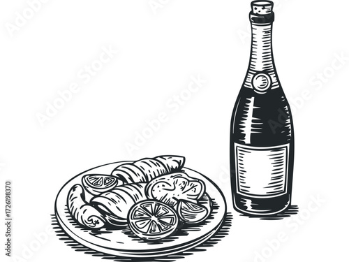 Bottle of sparkling wine with plate of appetizers. Vector hand drawn illustration