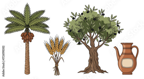 Date Palm, Olive Tree, Wheat Sheaf, and Water Jug A Vector Illustration Collection