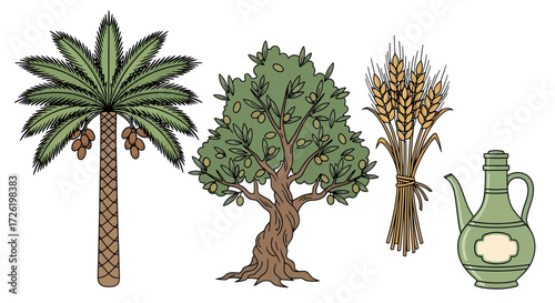 Collection of Oasis Symbols Palm Tree, Olive Tree, Wheat Sheaves, and Water Jug Illustration