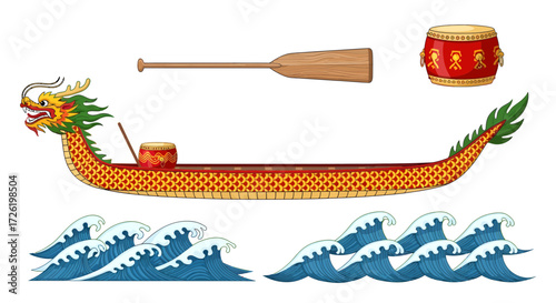 Vector set of dragon boat race elements traditional boat, paddle, drum, and dynamic waves for cultural event designs