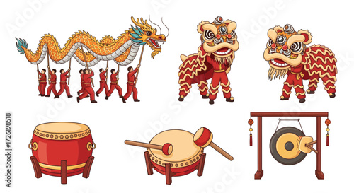 Vector collection showcasing traditional Chinese festival elements, including dragon dance, lion dance, drums, and gongs