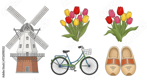 Dutch cultural symbols vector set with windmill, colorful tulips, classic bicycle, and traditional wooden clogs