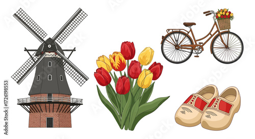 Vector collection of Dutch cultural symbols a traditional windmill, colorful tulips, a classic bicycle, and wooden clogs