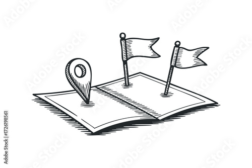 Hand-drawn map with location pin and flags. Vector hand drawn illustration