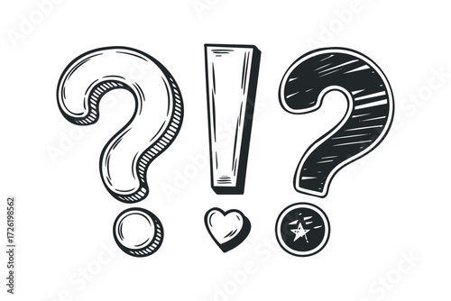 Hand drawn question marks and exclamation point with icons. Vector hand drawn illustration