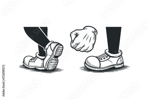 Cartoon feet and clenched fist. Vector hand drawn illustration