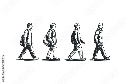 Four men walking in profile with backpacks and bags. Vector hand drawn illustration