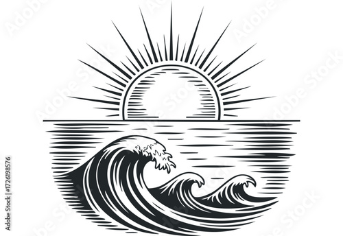 Stylized Sun Over Ocean Waves. Vector hand drawn illustration