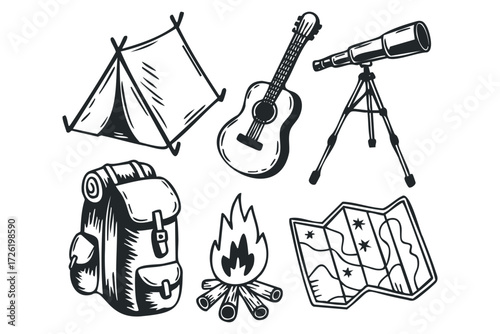 Outdoor adventure set with tent, guitar, telescope, backpack, campfire, and map. Vector hand drawn illustration