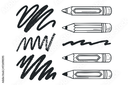 Pencil drawing strokes and graphite writing tools. Vector hand drawn illustration