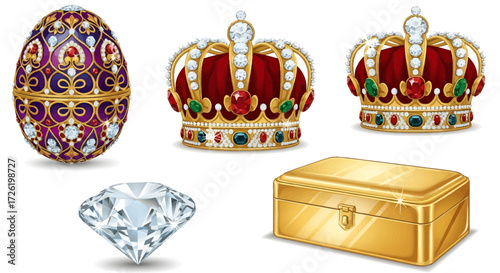 Elegant vector set showcasing exquisite royal crowns, a brilliant diamond, and ornate golden treasures for luxury themes