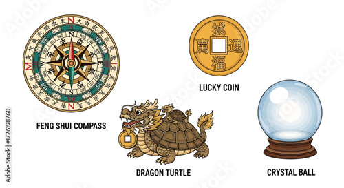 Detailed vector set illustrating essential feng shui symbols, featuring a traditional compass, mythical dragon turtle, lucky coin, and fortune crystal ball