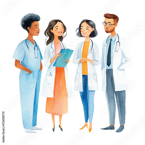 Group of medical professionals in white coats and scrubs.