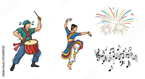 Vibrant vector collection of festive music and dance elements drummer, classical dancer, fireworks, and sheet music for cultural celebrations