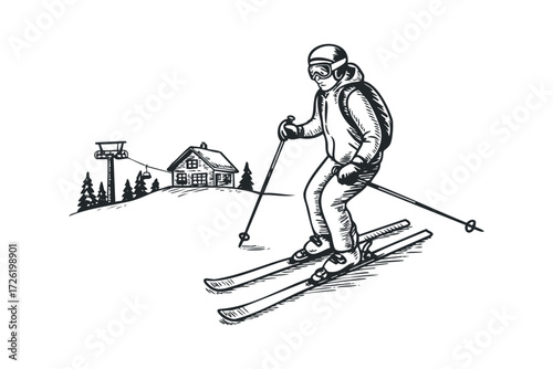 Person skiing down snow-covered hill near ski lift. Vector hand drawn illustration