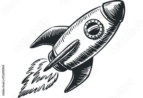 Sketch of a vintage rocket ship blasting off with fire. Vector hand drawn illustration