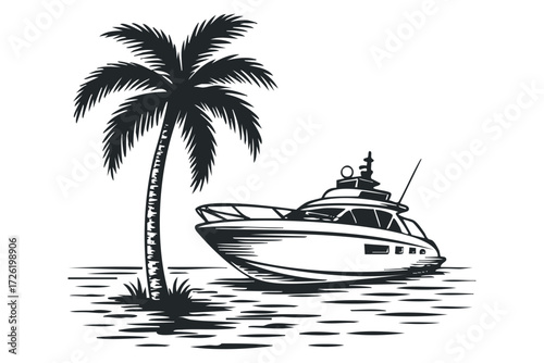 Luxury Yacht Moored Beside Tropical Palm Tree. Vector hand drawn illustration