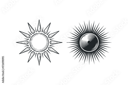 Two Stylized Sun Icons Black and White Line Art. Vector hand drawn illustration
