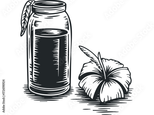 Jar of Liquid and Hibiscus Flower. Vector hand drawn illustration
