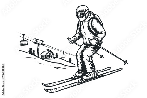 Skier Descending Snowy Slope Near Ski Lift and Chalet. Vector hand drawn illustration