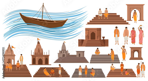 Vector illustration set depicting traditional Indian culture with river temples, spiritual rituals, and people in cultural attire