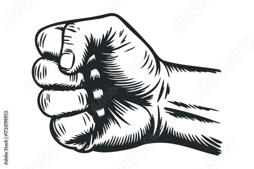 Close-up monochrome graphic of a clenched fist. Vector hand drawn illustration