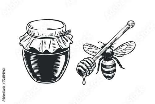 Jar of Honey with Bee and Dipper. Vector hand drawn illustration